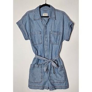 Etica Adeya Pinstripe Womens‎ Med Denim Blue Utility Romper Belted Light Wash